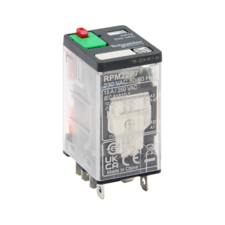 Schneider Electric RPM22P7 Реле питания 2CO 230V AC 15A с блокируемой тестовой кнопкой и индикатором