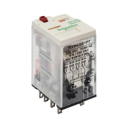 Schneider Electric RXM4AB1P7 Реле 4CO 230V AC 6A с блокируемой тестовой кнопкой